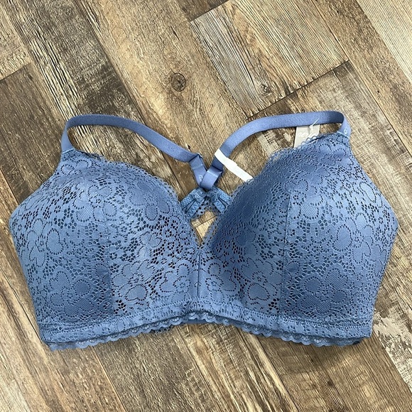 Aerie Lace Wireless Sans Armature Blue Gray Racer Back Bra Feminine Size 38DD - Picture 6 of 10